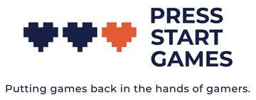 A logo for press start games putting games back in the hands of gamers.