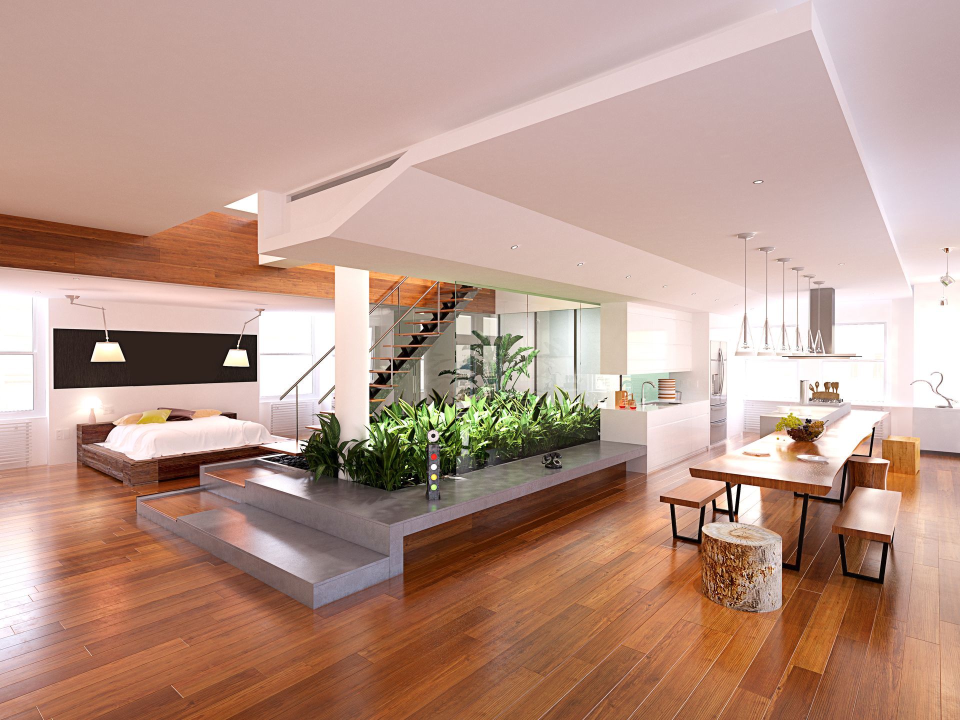 Modern open-plan apartment with bedroom, kitchen, and dining area. Wooden floors, large windows, and plants add natural elements.