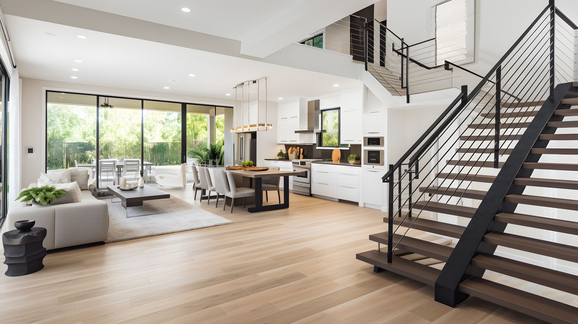 Open-concept home interior with light wood floors, a modern staircase, and a kitchen area, with a living room visible through large windows.