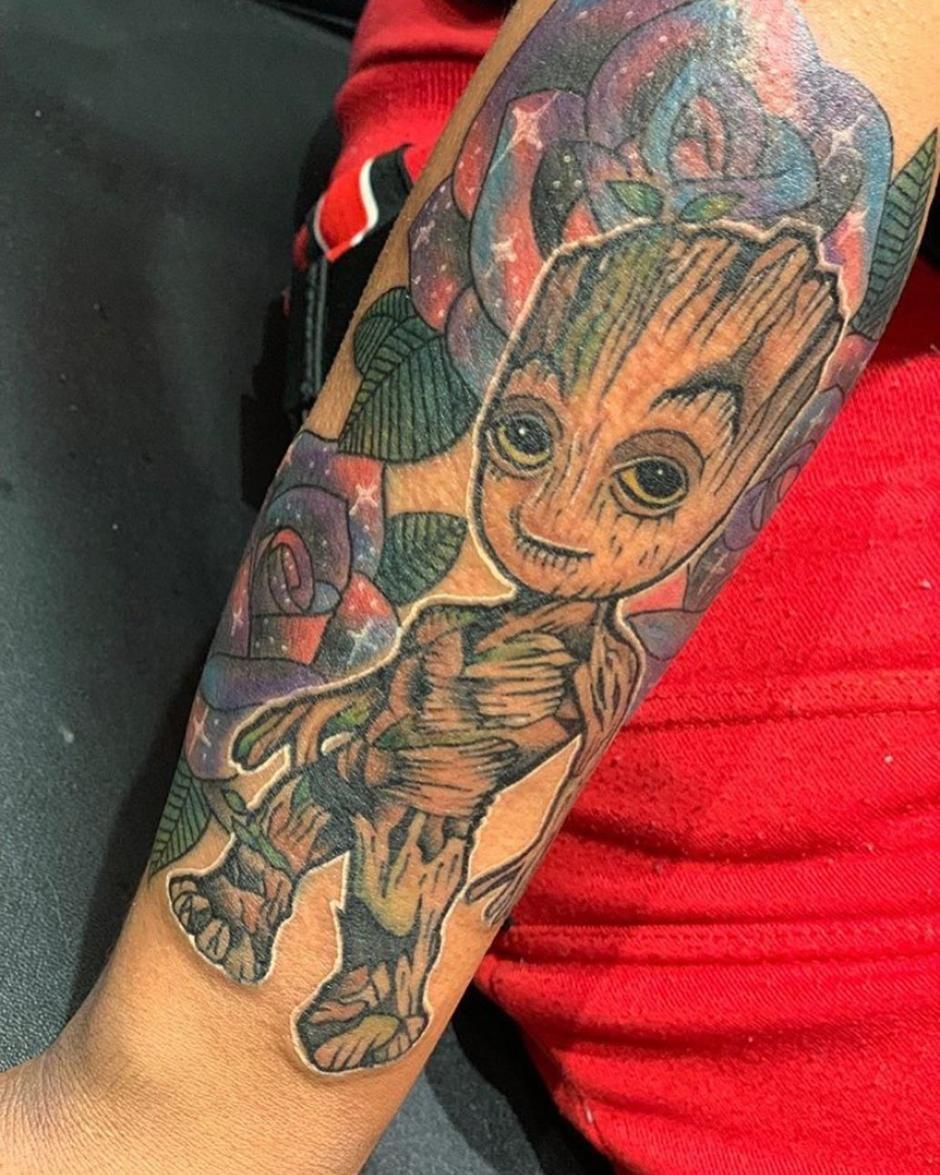 Tattoo of Baby Groot character from Guardians of the Galaxy.