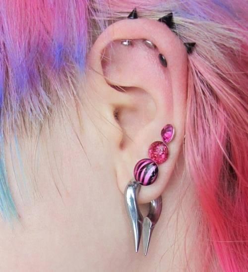 Ear with multiple piercings, including large gauged lobe and helix spikes.