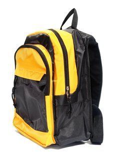 A yellow and black backpack is sitting on a white surface.
