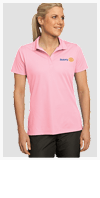 A woman is wearing a pink polo shirt and black shorts.