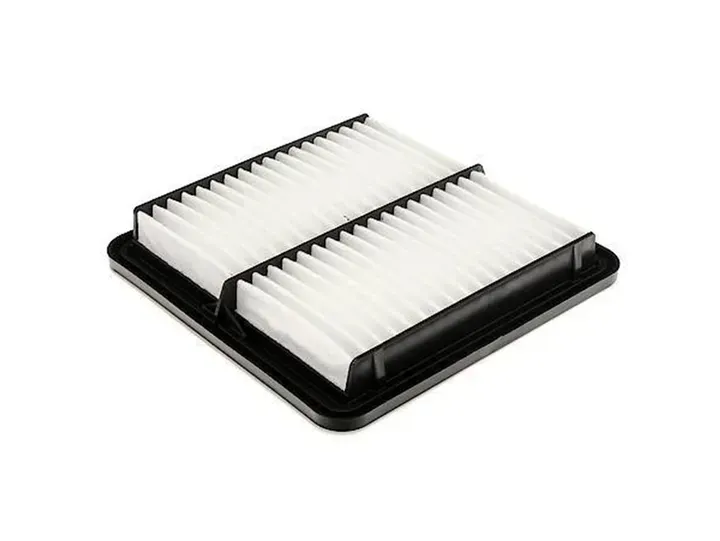 Rectangular car air filter with white pleated filter and black frame.
