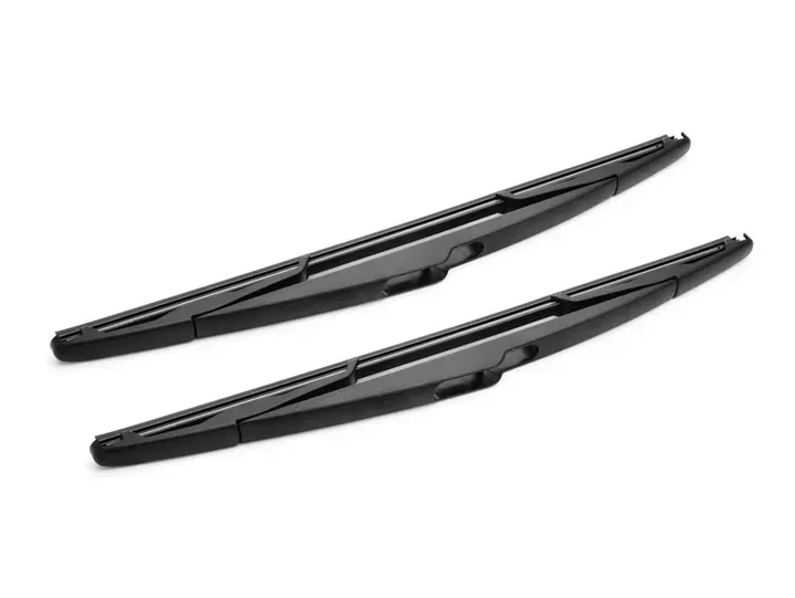 Two black windshield wiper blades on a white background.