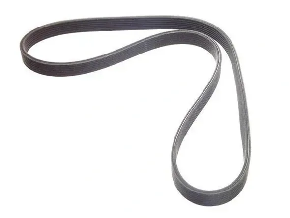 Serpentine belt for an engine, dark gray, curved shape.