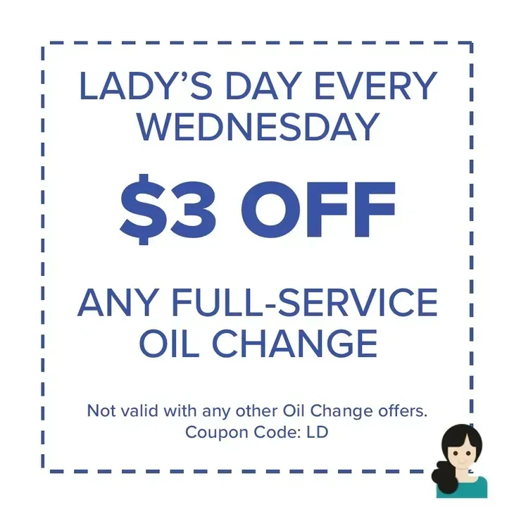 Coupon for $3 off a full-service oil change on Wednesdays. Includes coupon code “LD.”