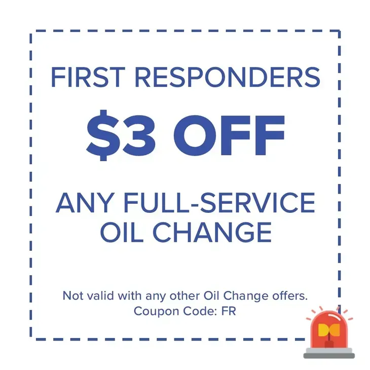 Coupon for first responders: $3 off full-service oil change, with code FR. Features a flashing emergency light.