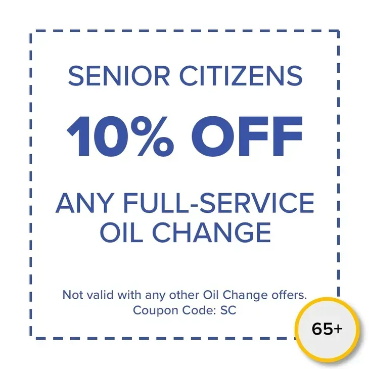 Coupon for senior citizens: 10% off any full-service oil change. Coupon code: SC. Ages 65+.