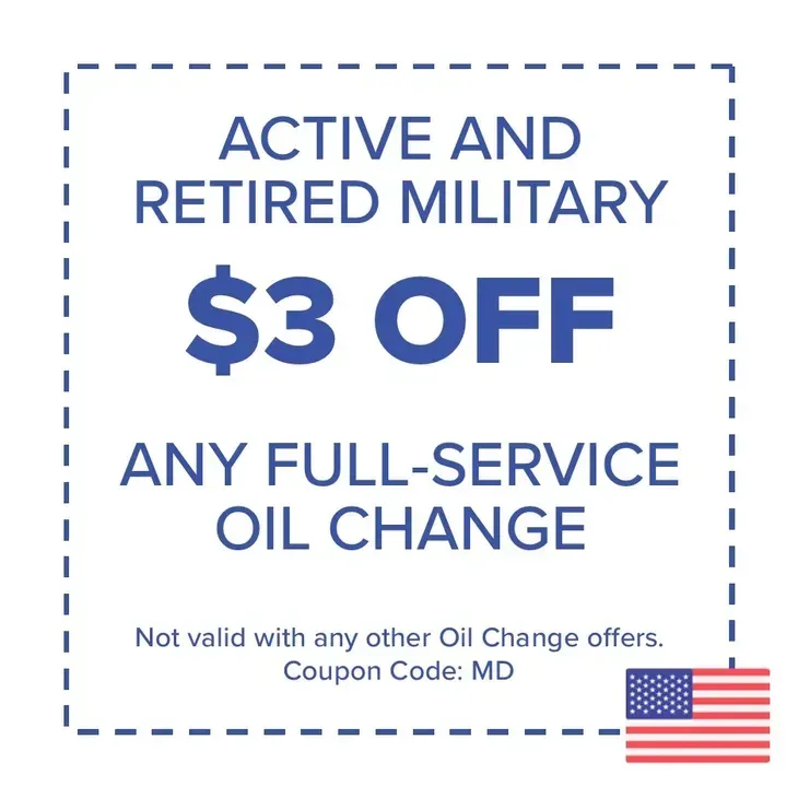Coupon for $3 off full-service oil change for active and retired military. Includes US flag and coupon code MD.