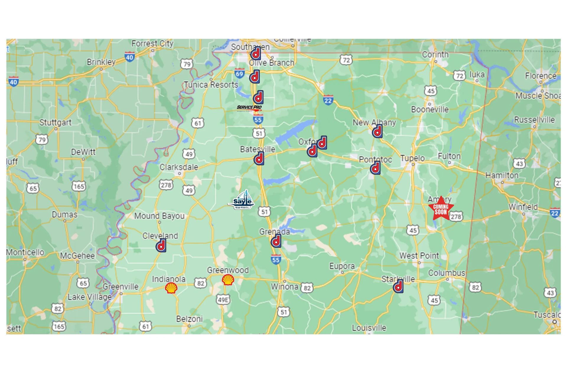 Map with red marker icons on a green and yellow background, indicating various locations.