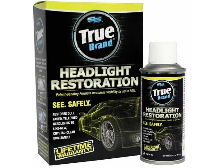 Box and bottle of True Brand Headlight Restoration product. Black box, silver bottle, yellow accents.