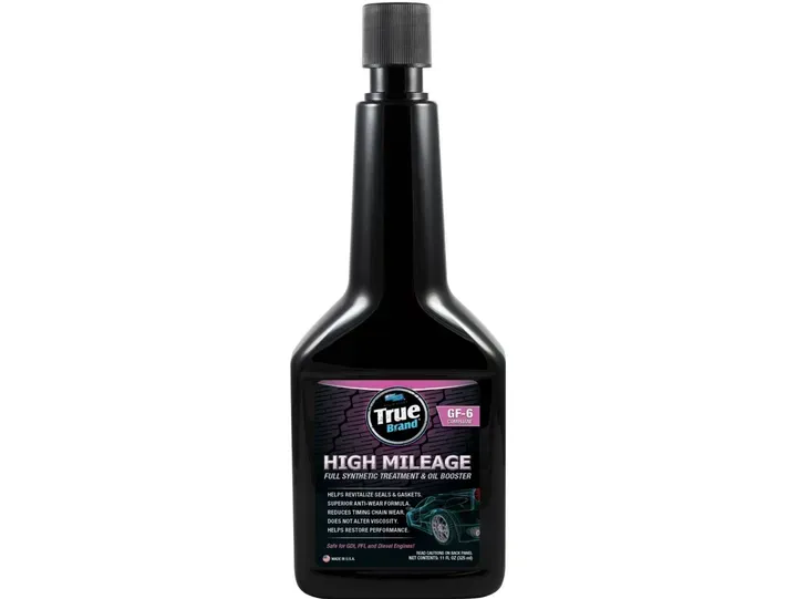 Black bottle of True Brand High Mileage fuel injector cleaner.