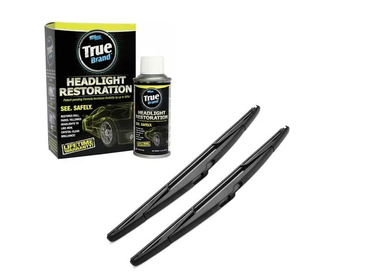 Headlight restoration kit and wiper blades against a white background.