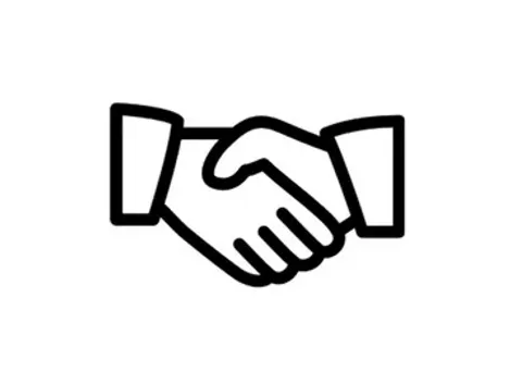 Handshake icon, black outline on white.
