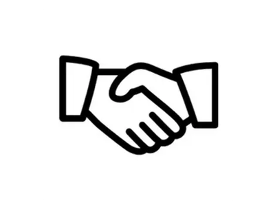 Handshake icon, black outline on white.