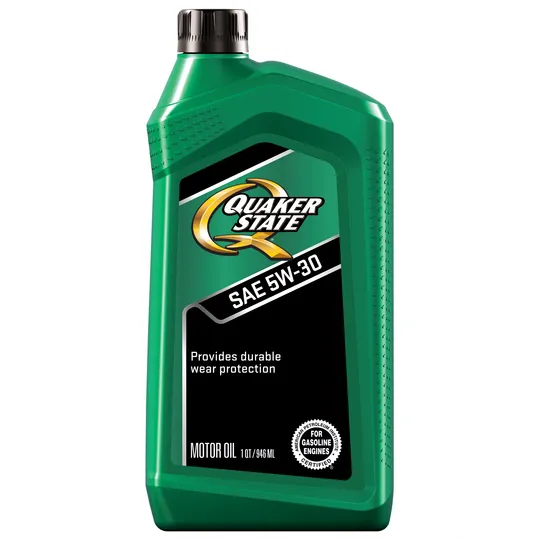 Quaker State 5W-30 motor oil bottle in green, with black label and gold accents.