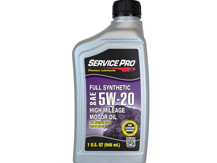 Service Pro 5W-20 full synthetic high-mileage motor oil bottle.