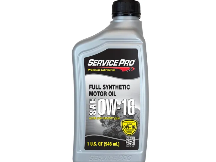A bottle of Service Pro full synthetic motor oil, SAE 0W-16.