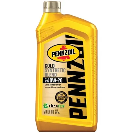 Bottle of Pennzoil Gold Synthetic Blend 0W-20 motor oil. Yellow bottle with black and gold label.