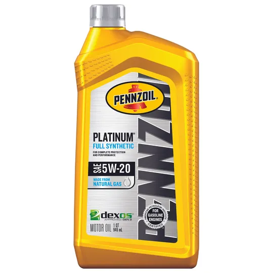 Bottle of Pennzoil Platinum full synthetic 5W-20 motor oil in a yellow and silver container.