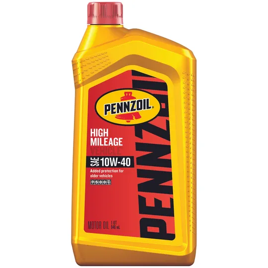 Pennzoil High Mileage 10W-40 motor oil bottle, yellow and red label.