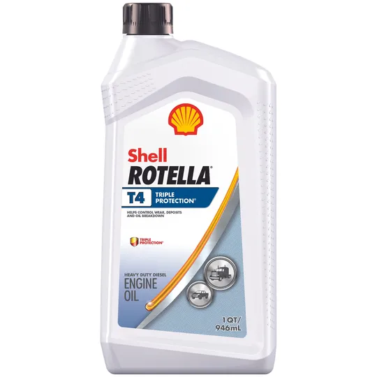 Shell Rotella T4 Triple Protection oil bottle. White bottle with red, blue, and yellow labeling. 1-quart size.