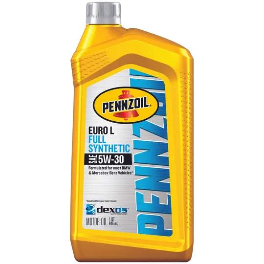 Pennzoil Euro L Full Synthetic 5W-30 oil bottle, yellow and blue, for BMW and Mercedes-Benz vehicles.