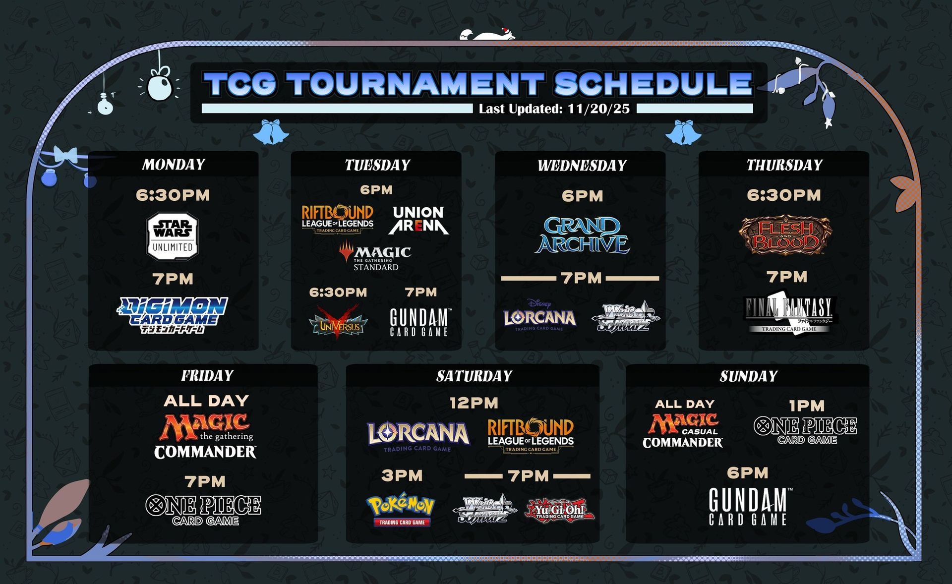 TCG tournament schedule for the week, featuring Magic, One Piece, Lorcana, and other card games.