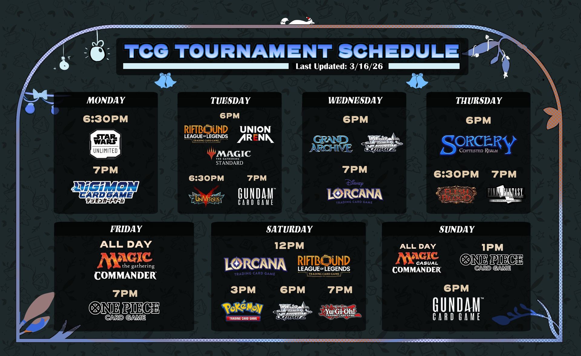 TCG tournament schedule for the week, featuring Magic, One Piece, Lorcana, and other card games.
