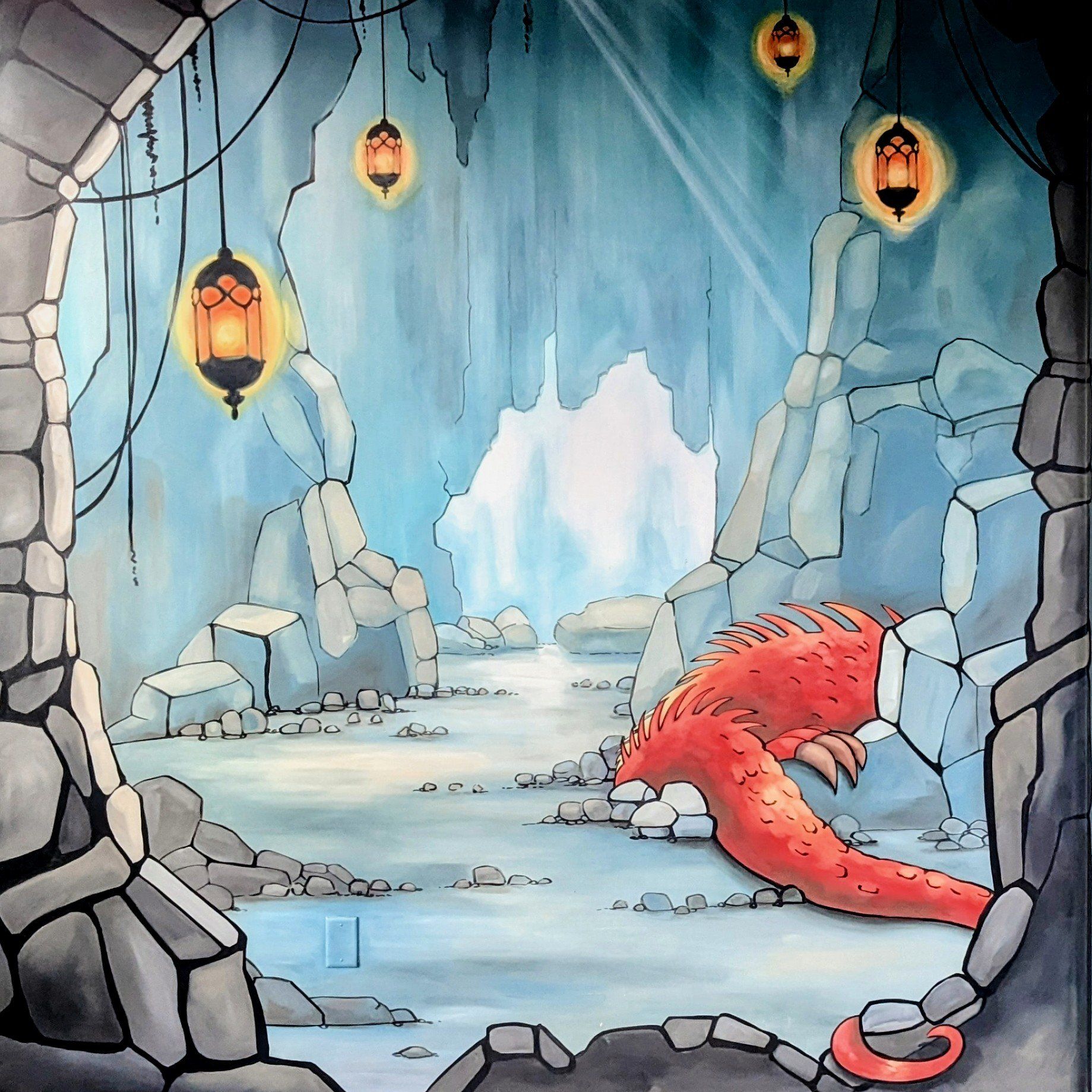Cave scene with orange dragon-like creature. Hanging lanterns illuminate the icy blue environment.