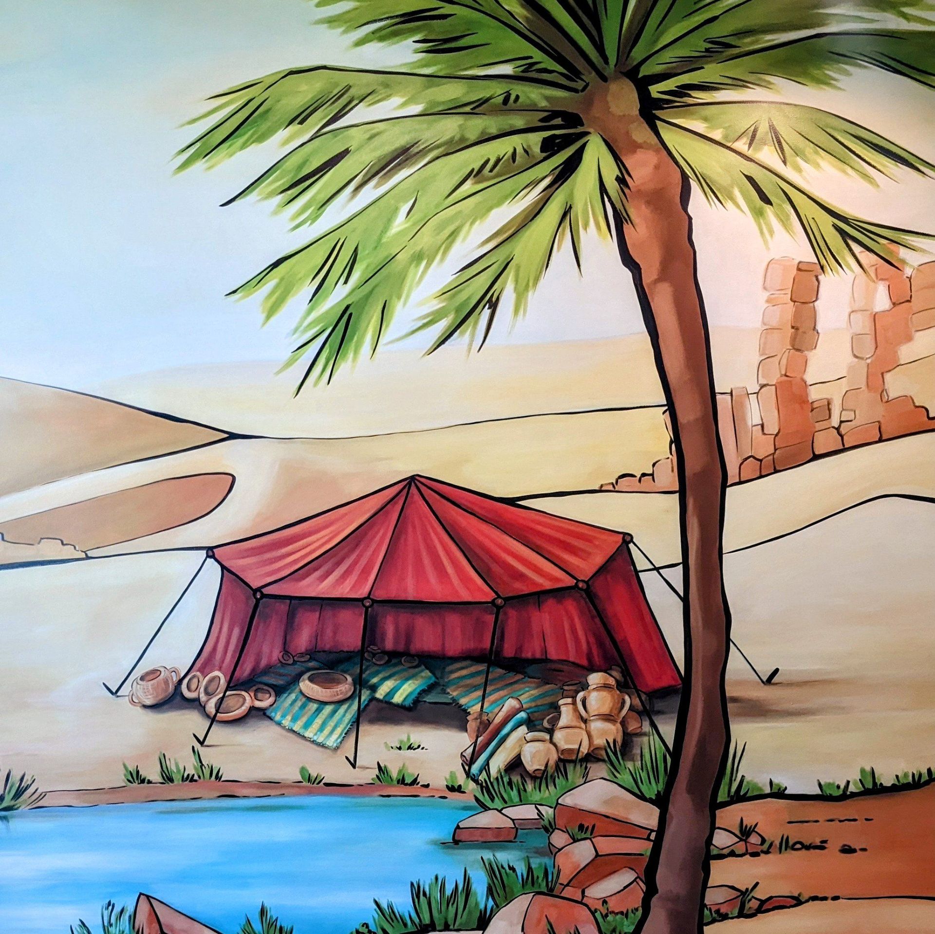 Desert oasis with a red tent by a pool, palm tree, and sand dunes.