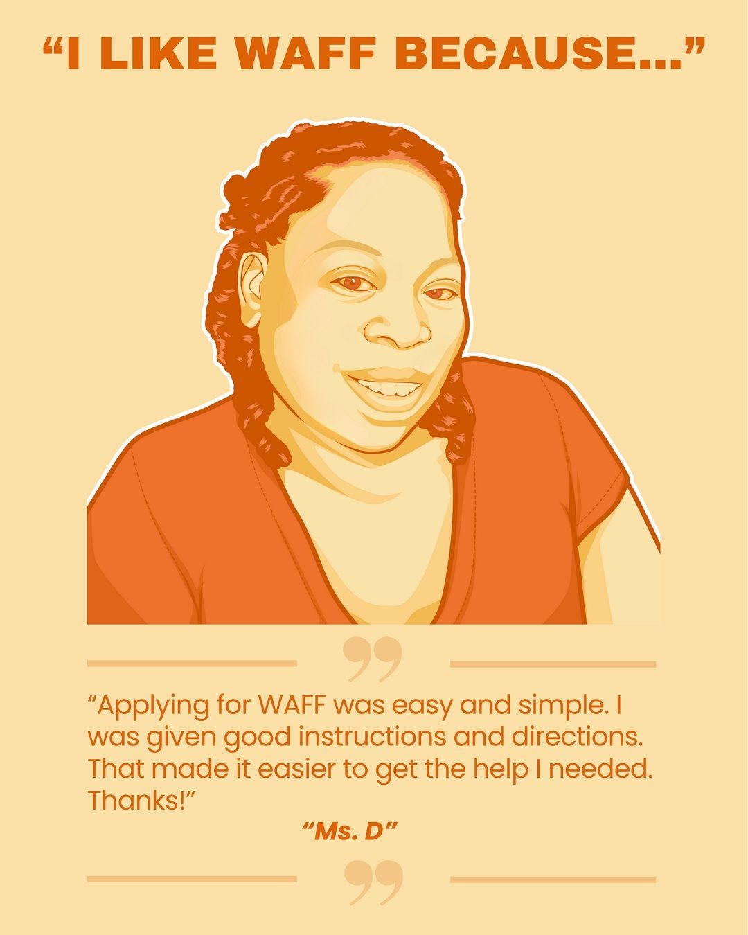 Woman in orange shirt smiles, with quote: 