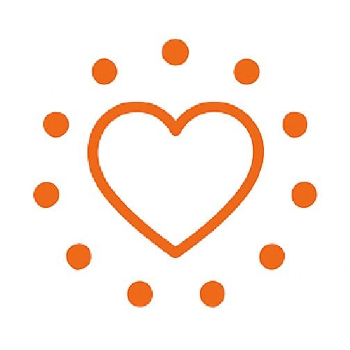 Orange heart icon surrounded by orange circles.