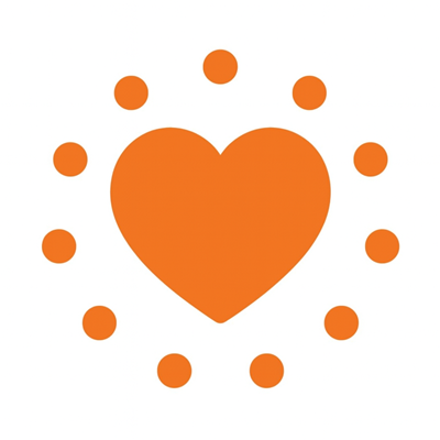 Orange heart icon surrounded by orange circles.