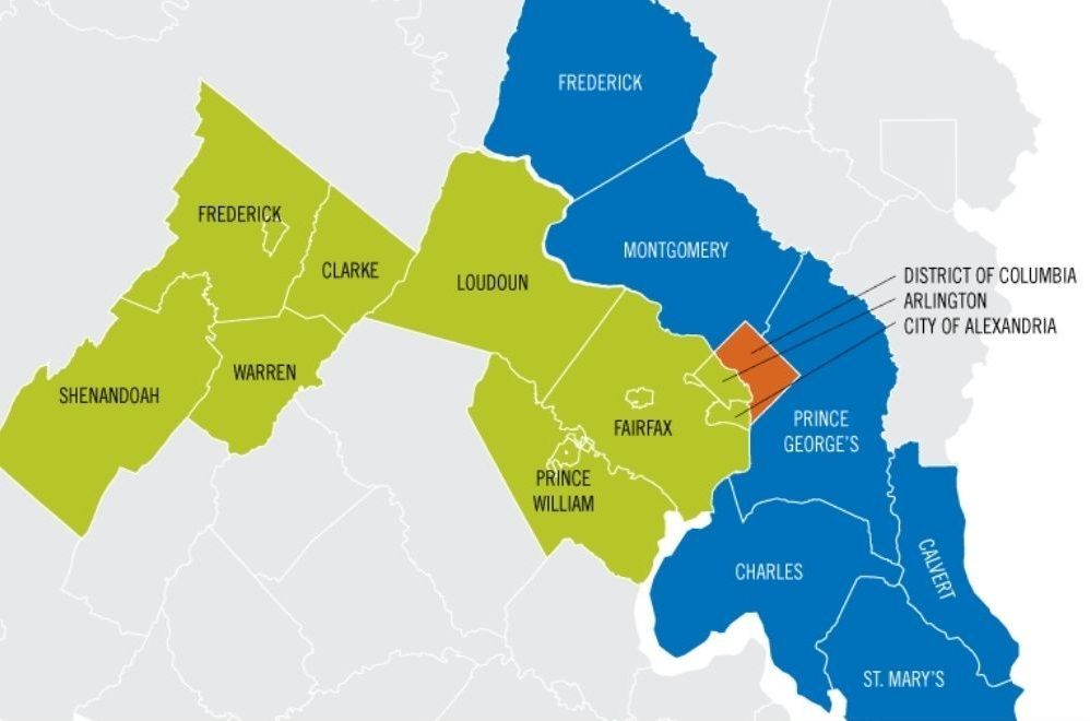 Map of Maryland and surrounding areas, highlighting counties in green and blue. The District of Columbia and surrounding cities are in orange.