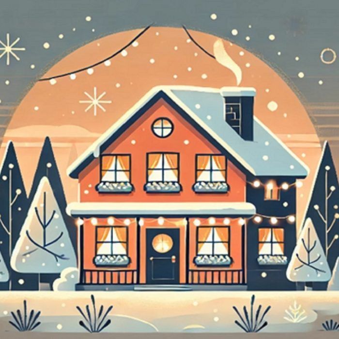 Snowy house with string lights and trees under a glowing orange sun, evoking a cozy winter scene.