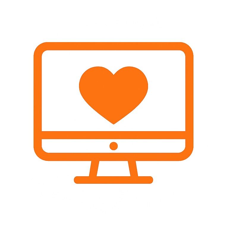 Orange computer screen with a heart symbol.