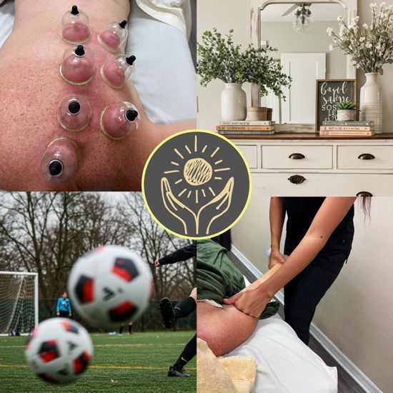 Square photo collage with four photos. Top left is a client on the massage table with cups placed on one side of the back. 