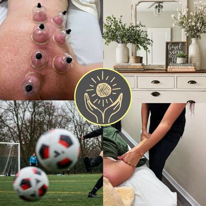 Square photo collage with four photos. Top left is a client on the massage table with cups placed on one side of the back.