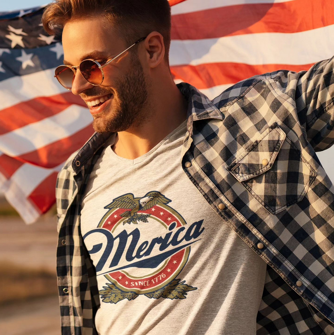 A man wearing a shirt that says merica is holding an american flag