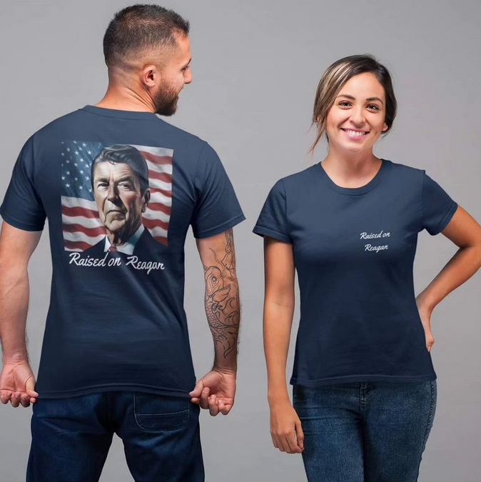 A man and a woman wearing t-shirts with ronald reagan on them