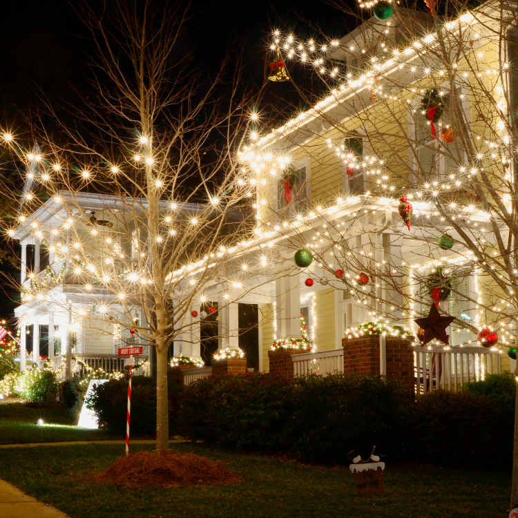 A house is decorated with christmas lights and decorations