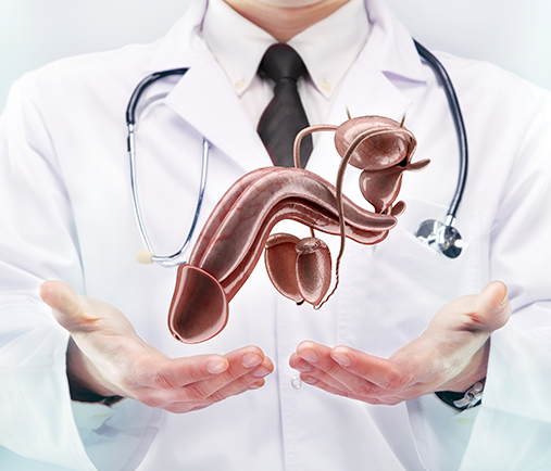 A doctor in a white coat holds a 3D digital model of the male reproductive and urinary system in their open hands.