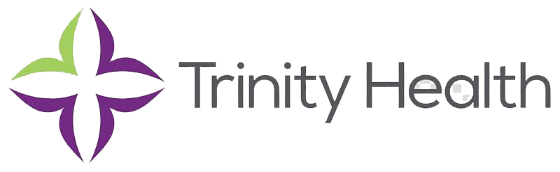 The trinity health logo is purple and green with a cross.