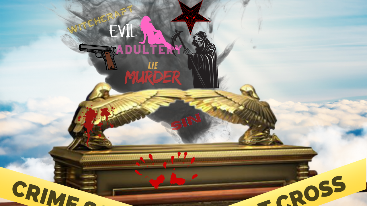 Golden ark with dark themes: gun, words 
