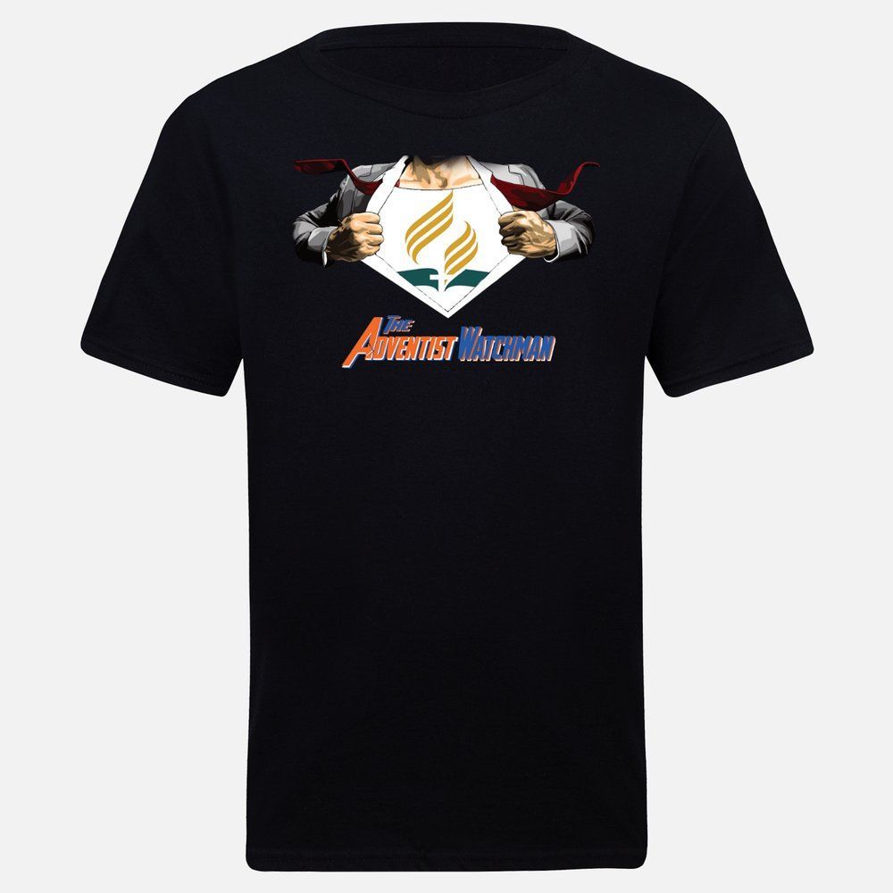 Black t-shirt with a superhero-like design, revealing a white dress shirt, Adventist logo, and text: 