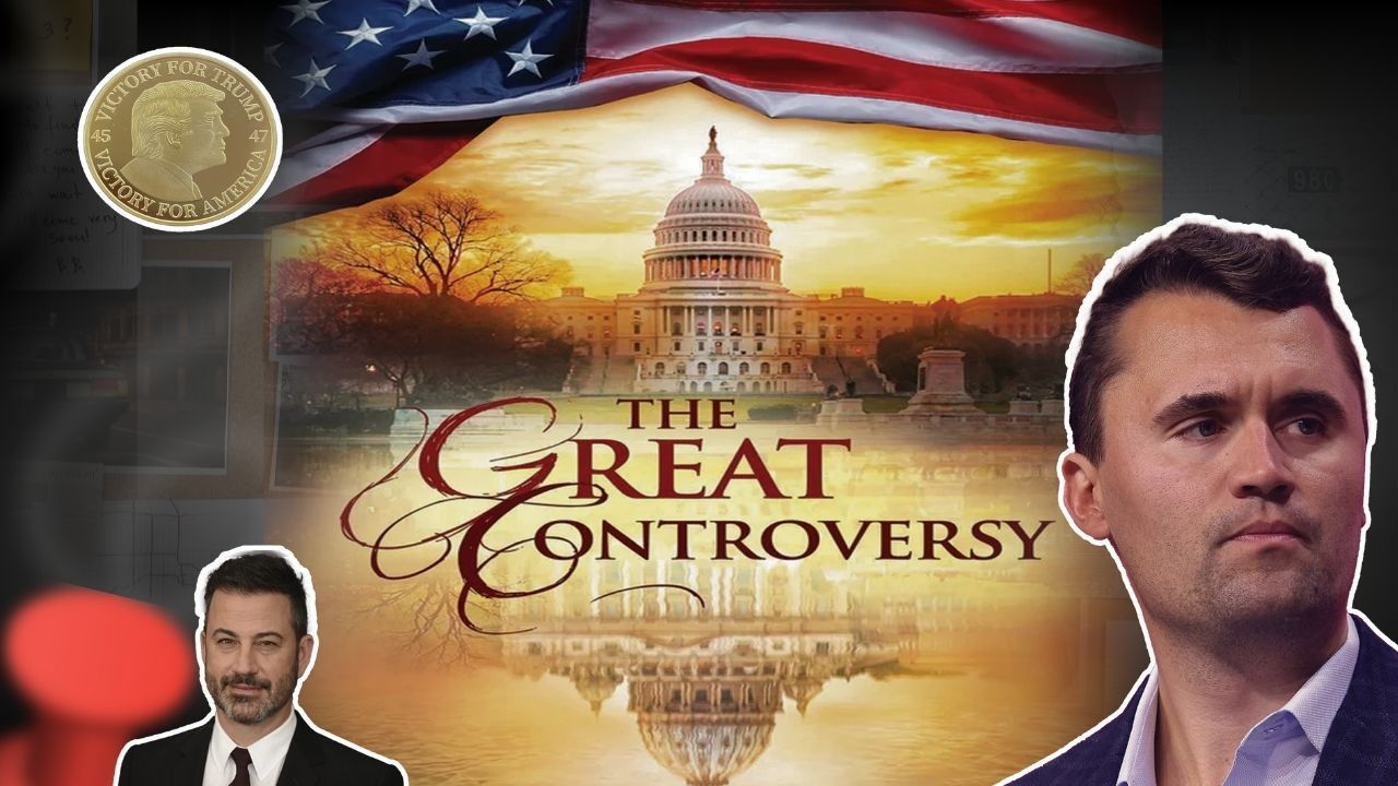 Image features the Capitol building, American flag, a coin, and Jimmy Kimmel and Charlie Kirk's faces.
