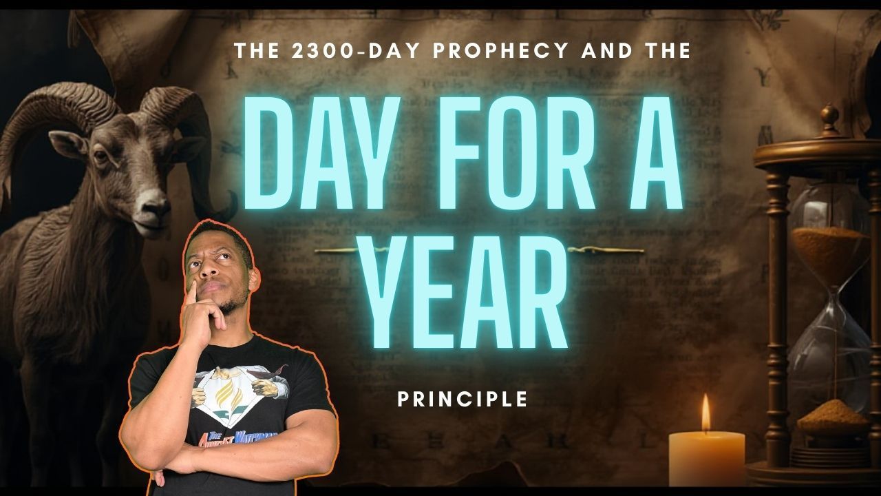 Man pondering a title card about prophecy; ram statue, hourglass, and candle in setting.