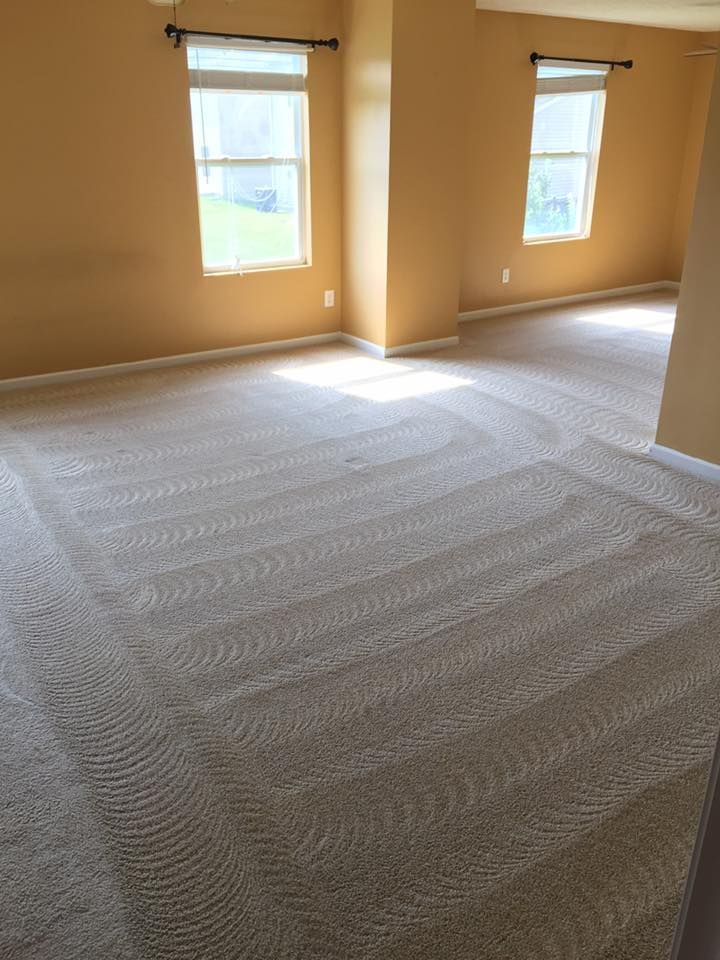 An empty living room with a carpeted floor and two windows.